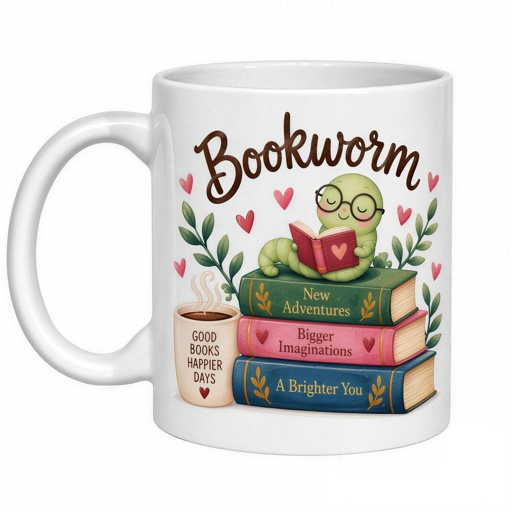 10oz Durham super glaze sublimation mug printed with a 'Bookworm' design of a worm reading on a stack of books