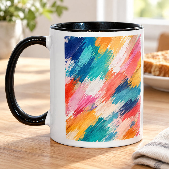 11oz black inner &amp; handle sublimation mug printed with an abstract brush-stroke pattern, on a wooden kitchen table