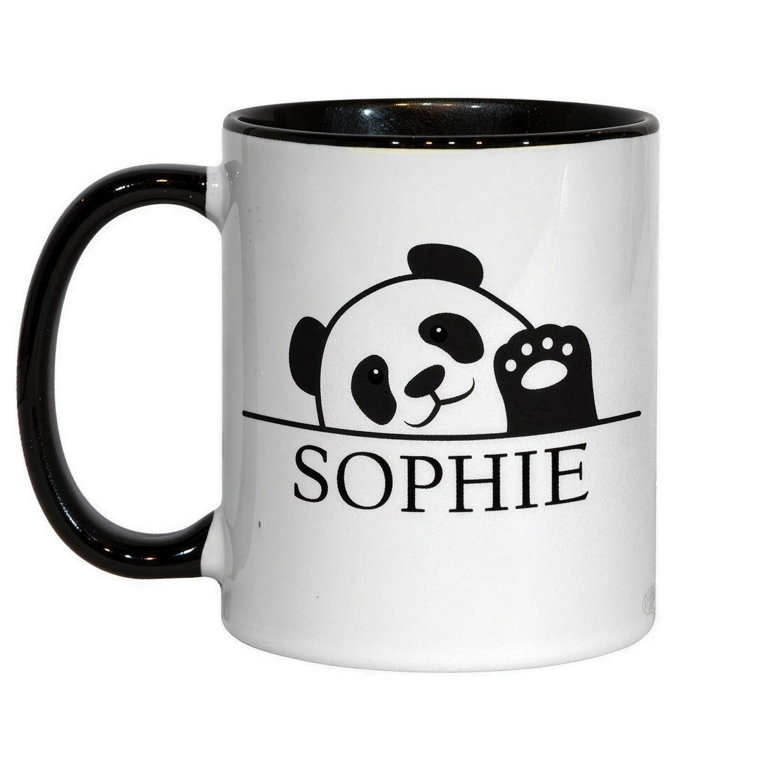 11oz black inner &amp; handle sublimation mug printed with a peeking panda and the name Sophie