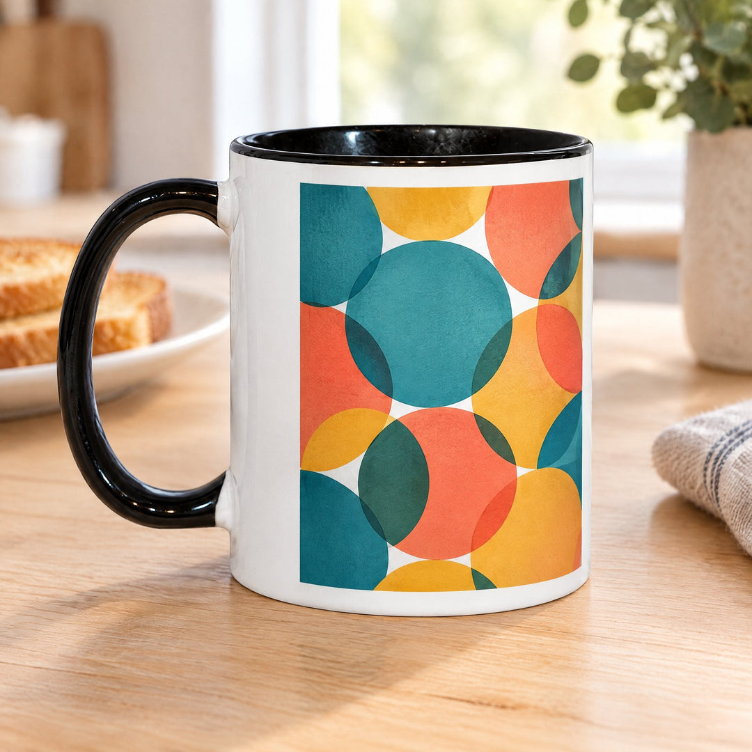 11oz black inner &amp; handle sublimation mugs x36 (unboxed) printed with overlapping circles, on a wooden kitchen table
