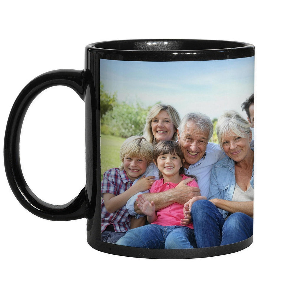 11oz black mug with patch printed with a family photo on its white patch