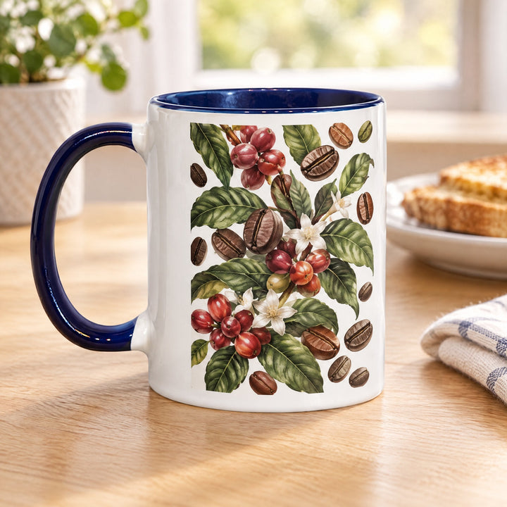 11oz dark blue inner and handle mug x36 (unboxed) printed with coffee beans and leaves, on a wooden kitchen table