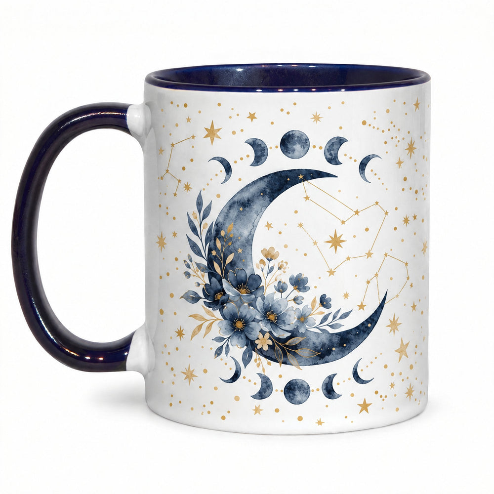 11oz dark blue inner and handle mug x36 (unboxed) printed with a floral crescent moon, moon phases and gold constellations