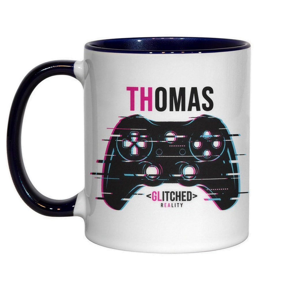 11oz dark blue inner & handle sublimation mug printed with a glitch-style games controller and the name Thomas