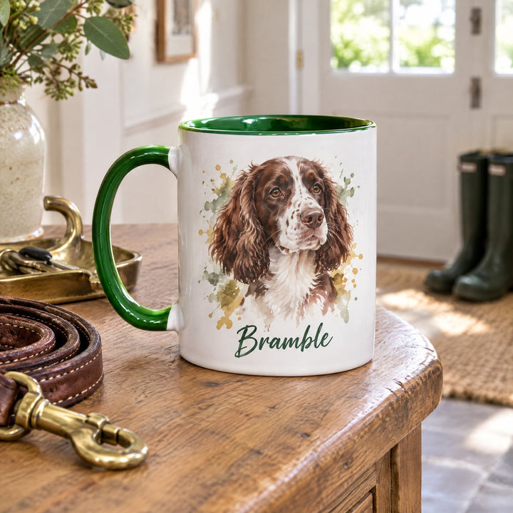 11oz green inner &amp; handle sublimation mug printed with a pet portrait and the name Bramble, on a hallway console