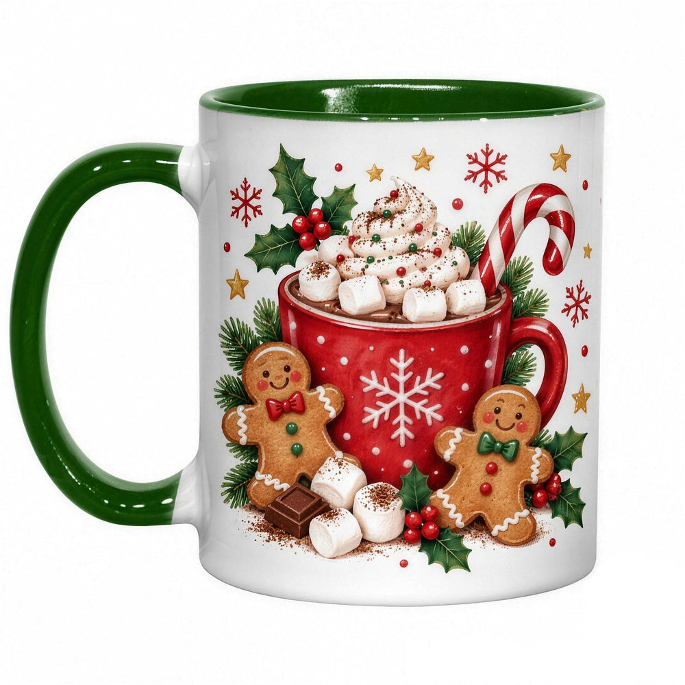 11oz green inner & handle sublimation mug printed with a Christmas hot chocolate and gingerbread men design