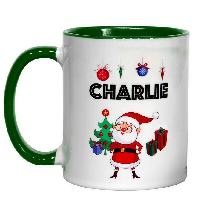 11oz green inner &amp; handle sublimation mug printed with Father Christmas, baubles and the name Charlie