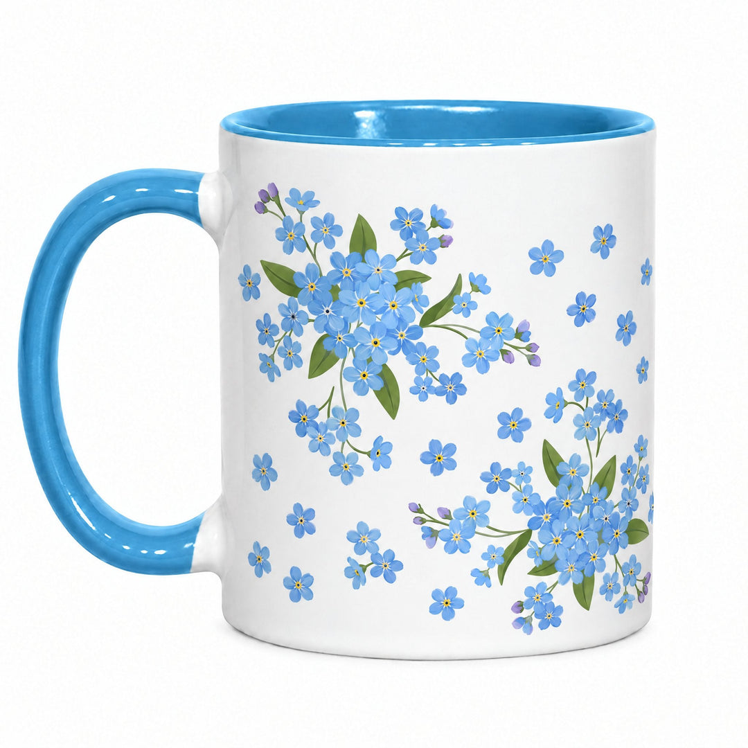 11oz light blue inner &amp; handle sublimation mug printed with sprays of blue forget-me-nots