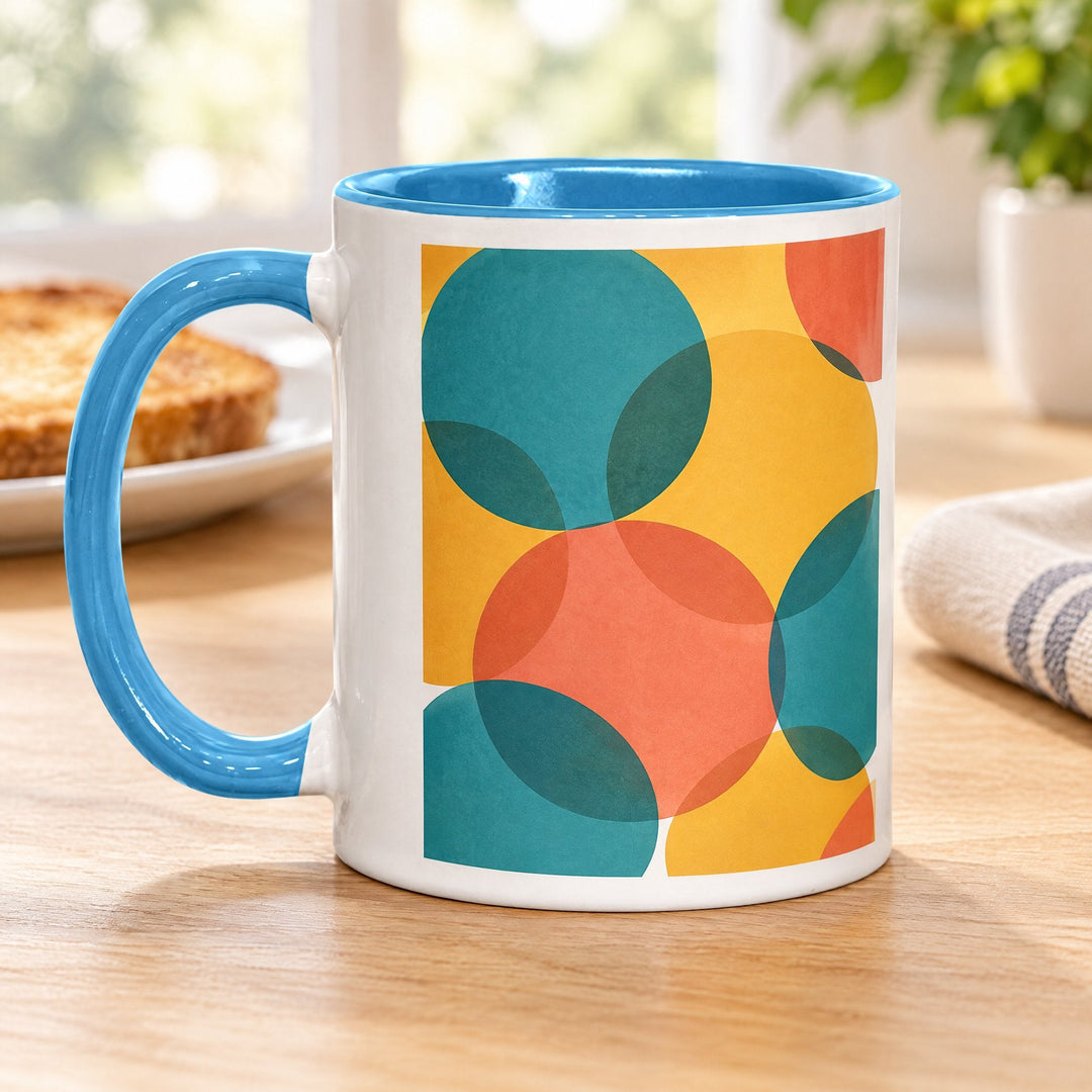 11oz light blue inner &amp; handle sublimation mugs x36 (unboxed) printed with overlapping circles, on a wooden kitchen table