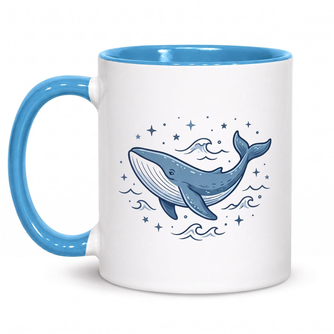 11oz light blue inner &amp; handle sublimation mugs x36 (unboxed) printed with a blue whale among waves and stars