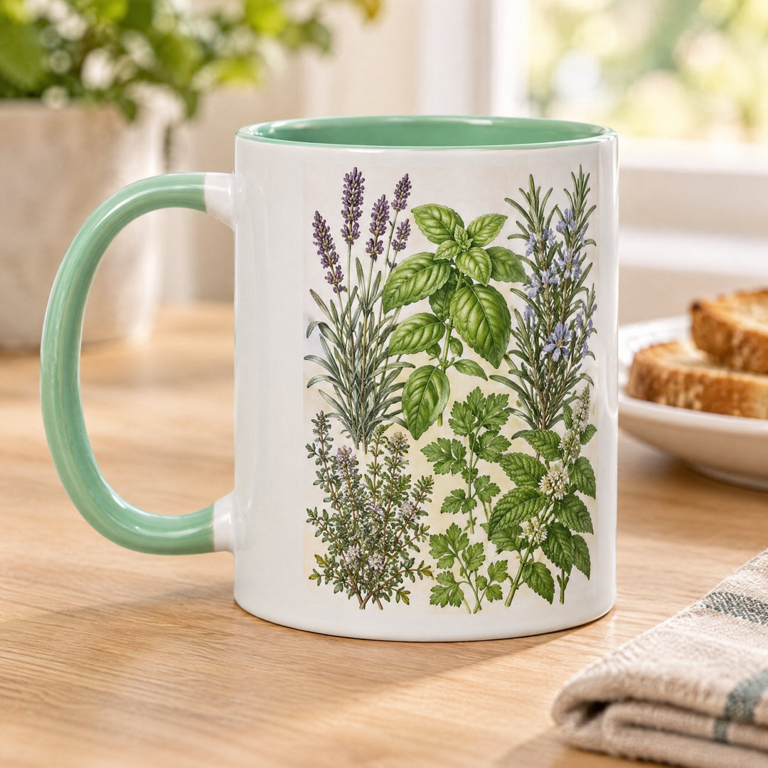 11oz mint green inner &amp; handle sublimation mug x36 printed with garden herbs, on a wooden kitchen table