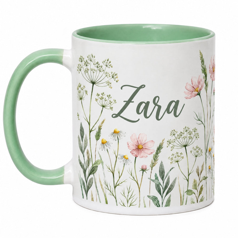 11oz mint green inner & handle sublimation mug x36 printed with watercolour wildflowers and the name Zara