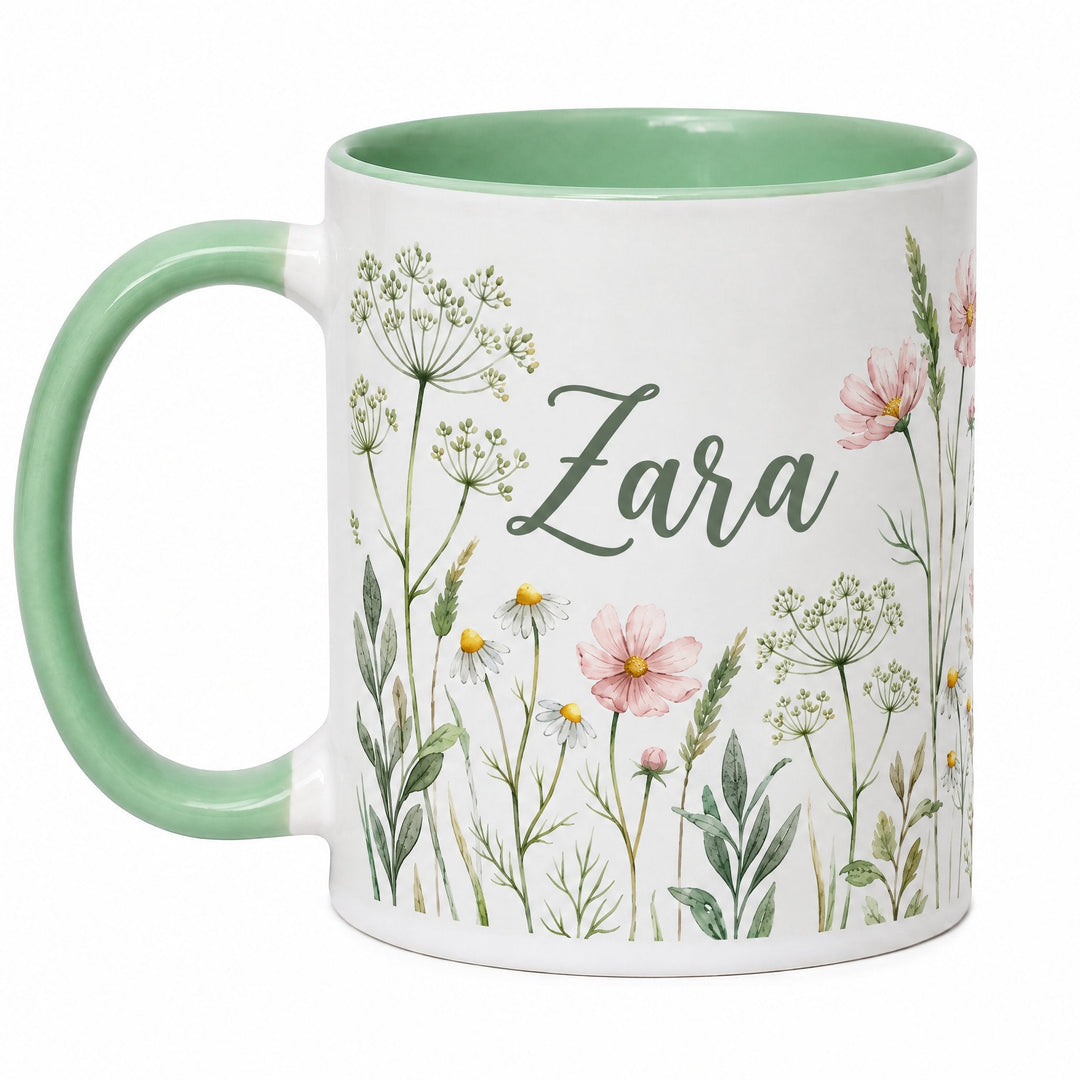 11oz mint green inner &amp; handle sublimation mug x36 printed with watercolour wildflowers and the name Zara