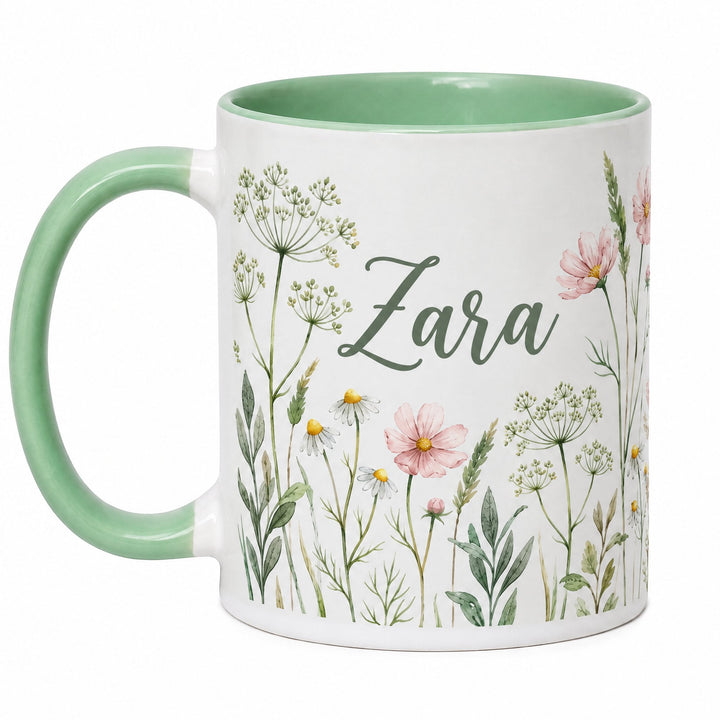 11oz mint green inner &amp; handle sublimation mug x36 printed with watercolour wildflowers and the name Zara