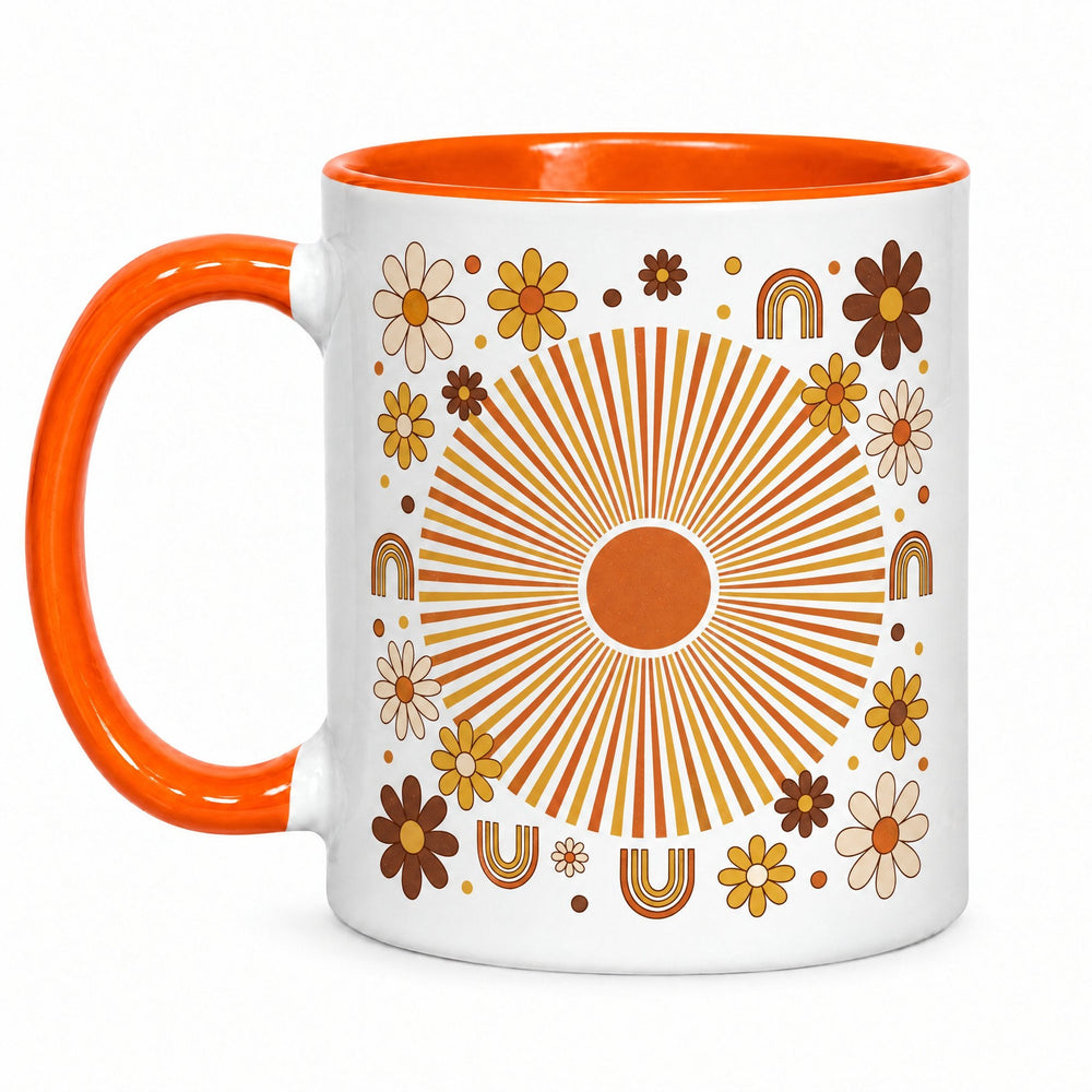 11oz orange inner and handle mug x36 (unboxed) printed with a retro sunburst, daisies and rainbows