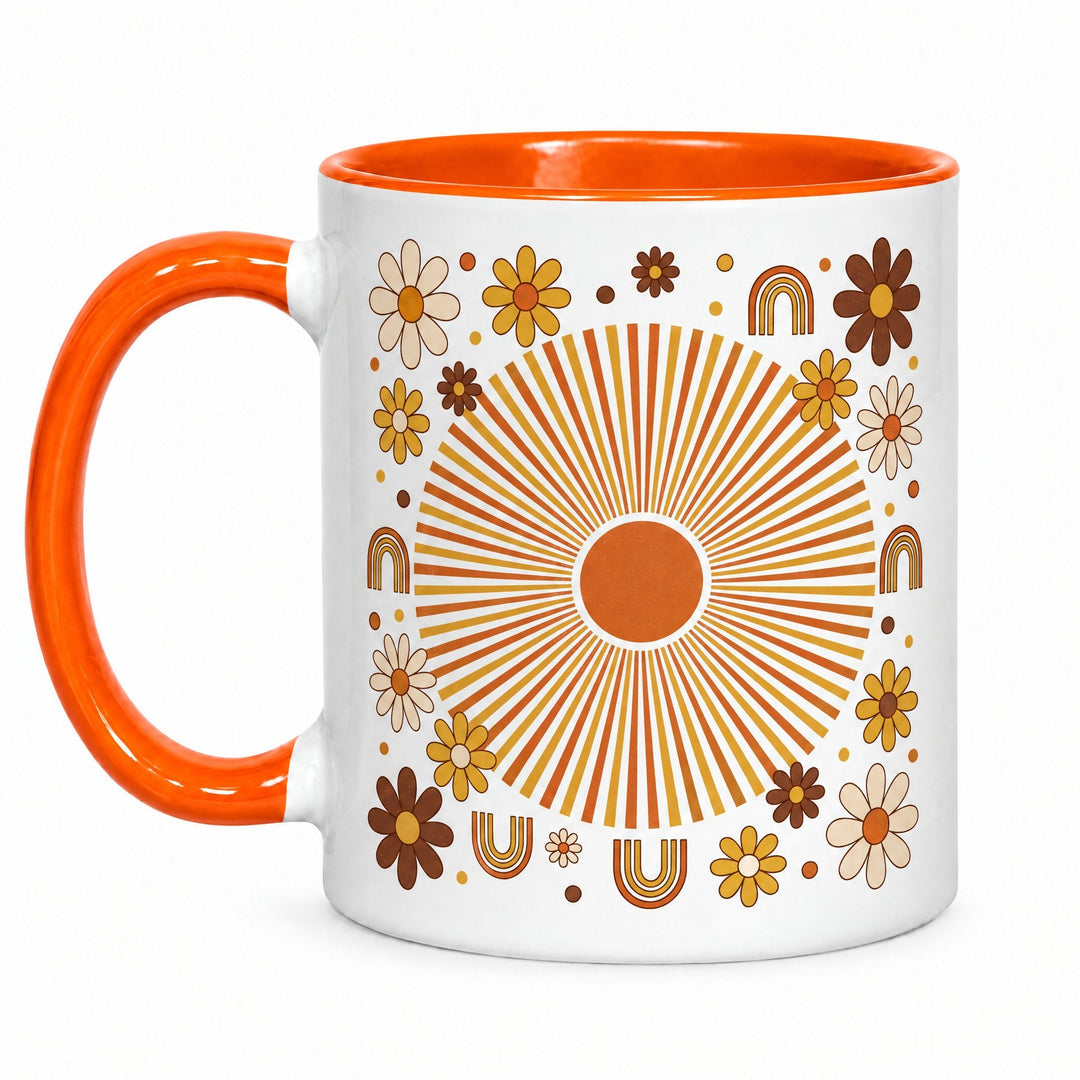 11oz orange inner and handle mug x36 (unboxed) printed with a retro sunburst, daisies and rainbows