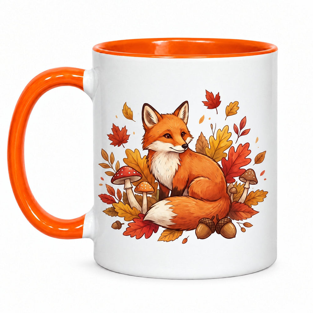 11oz orange inner & handle sublimation mug printed with a fox among autumn leaves, toadstools and acorns