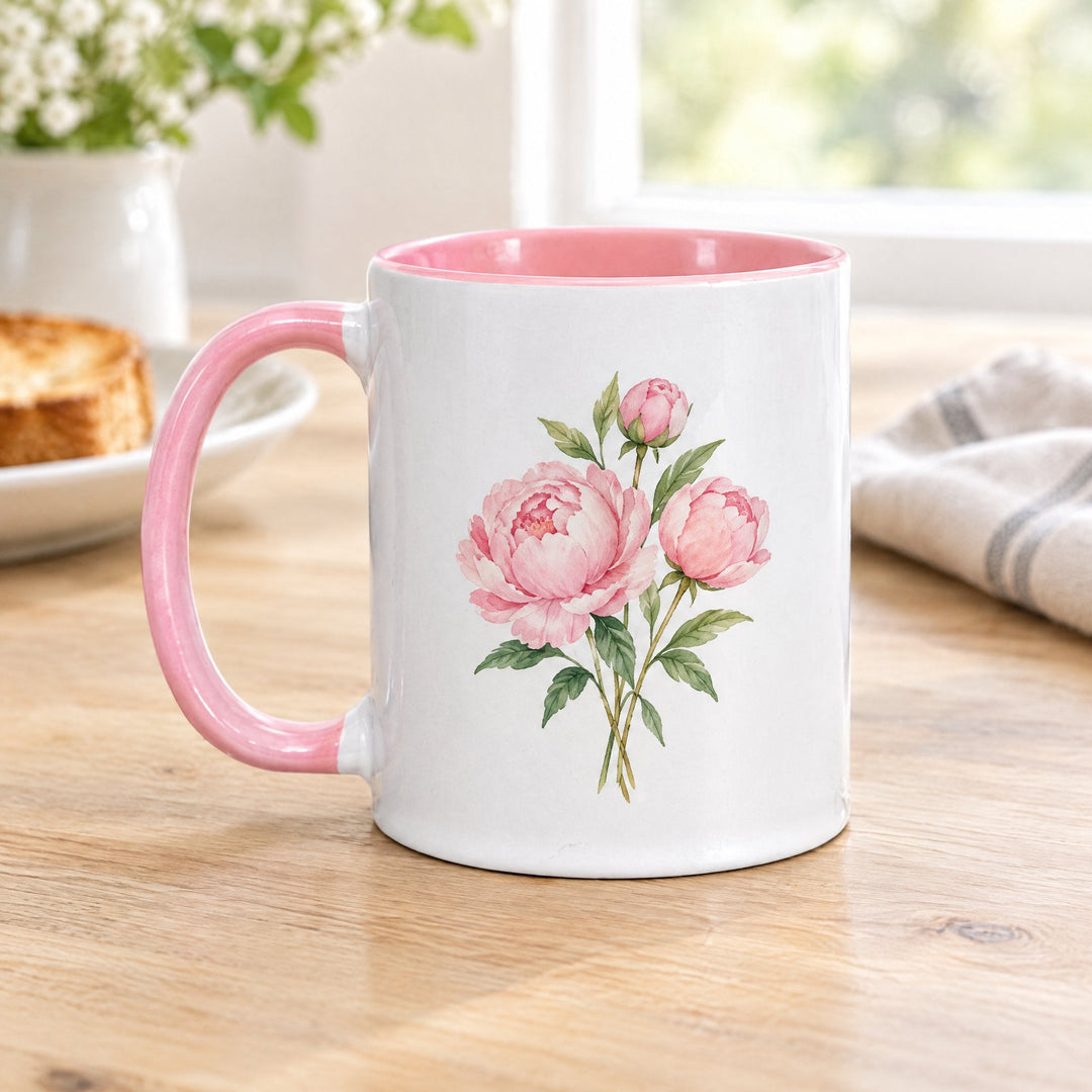 11oz pink inner and handle mug x36 (unboxed) printed with pink peonies, on a wooden kitchen table