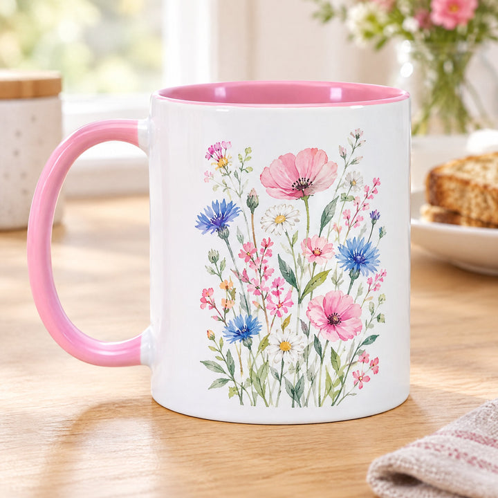 11oz pink inner &amp; handle sublimation mug printed with watercolour wildflowers, on a wooden kitchen table
