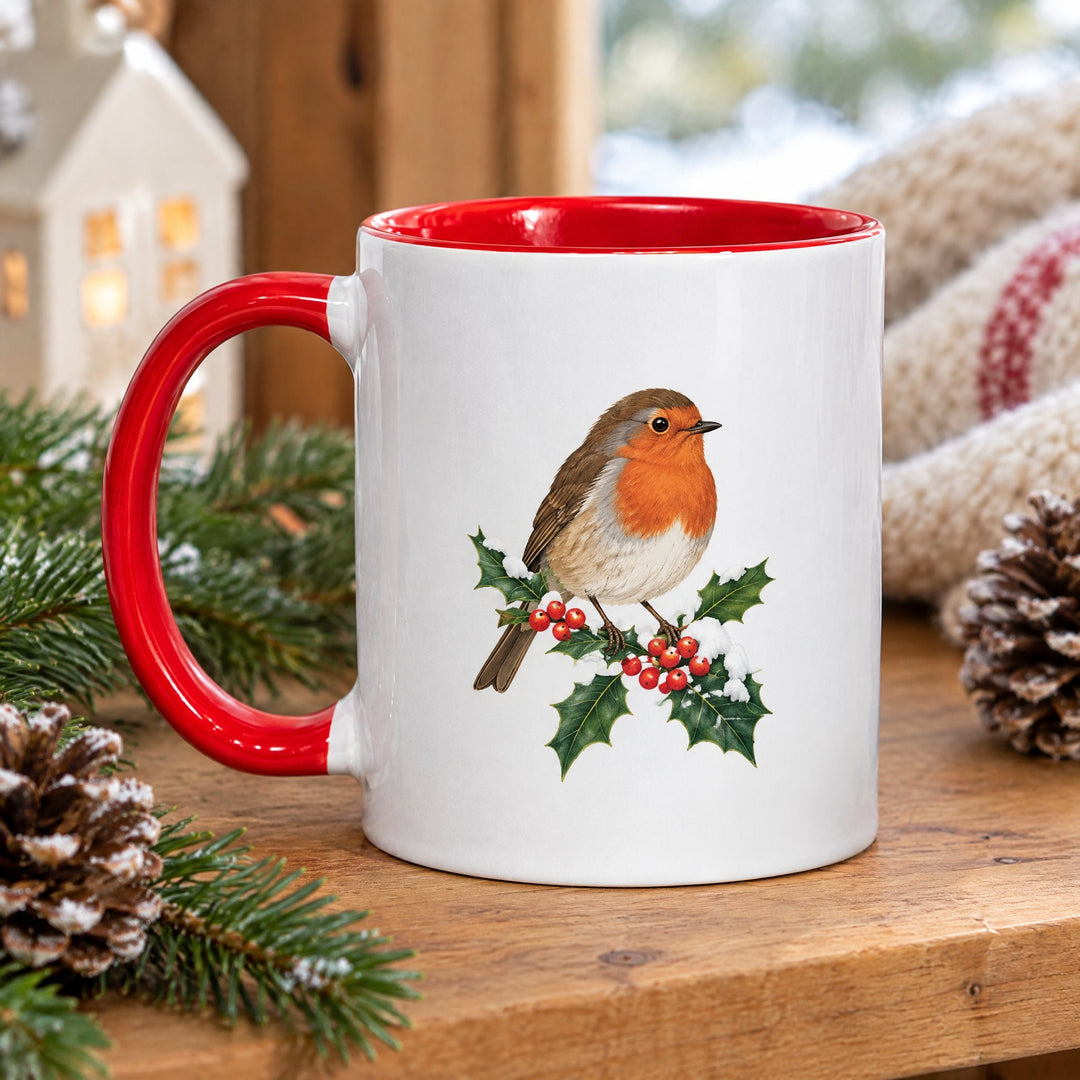 11oz red inner and handle mug x36 (unboxed) printed with a robin on holly, on a wooden windowsill with pine cones