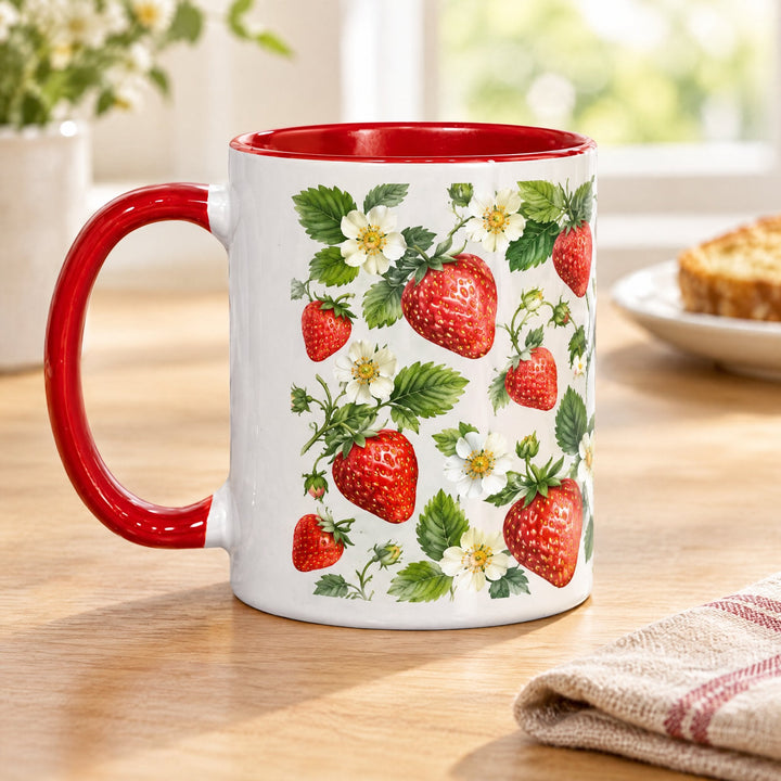 11oz red inner &amp; handle sublimation mug printed with ripe strawberries and blossom, on a wooden kitchen table