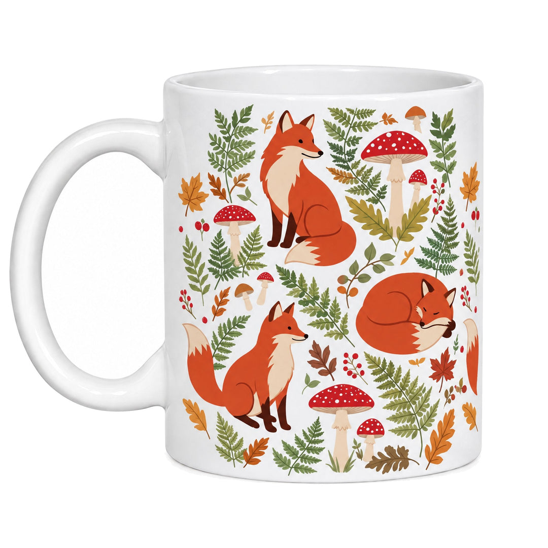 11oz superglaze white sublimation mugs printed with foxes, red toadstools, ferns and autumn leaves