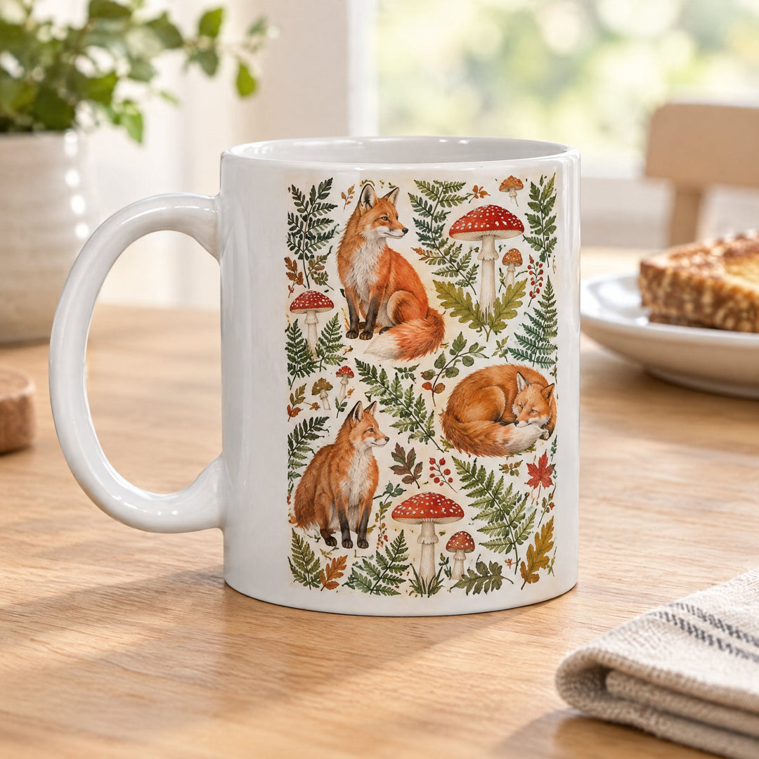11oz superglaze white sublimation mugs x36 (boxed) printed with foxes, ferns and toadstools, on a wooden kitchen table