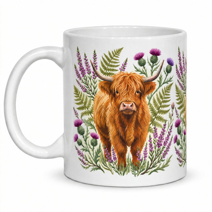 11oz superglaze white sublimation mugs x36 (boxed) printed with a Highland cow among thistles, heather and ferns