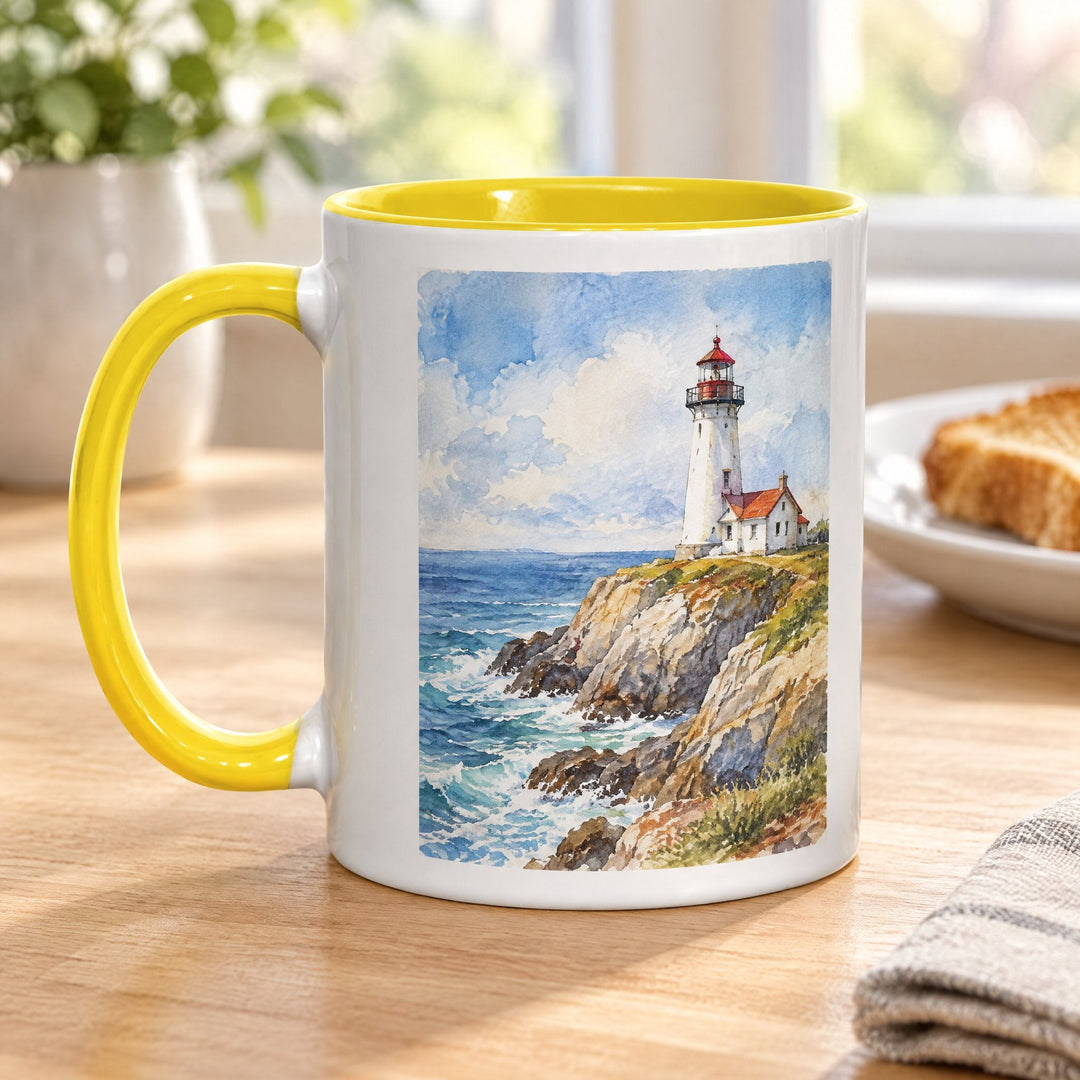 11oz yellow inner &amp; handle mugs x36 (unboxed) printed with a lighthouse design, on a wooden kitchen table