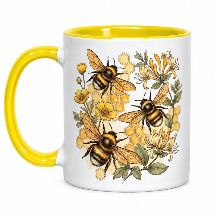 11oz yellow inner &amp; handle mugs x36 (unboxed) printed with bumblebees, honeycomb and yellow flowers
