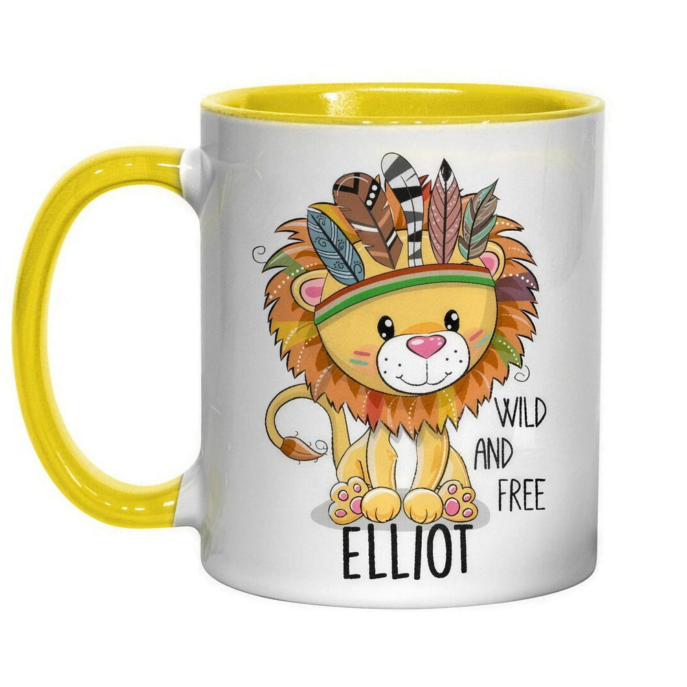 11oz yellow inner & handle sublimation mugs printed with a feathered lion cub, 'Wild and free' and the name Elliot