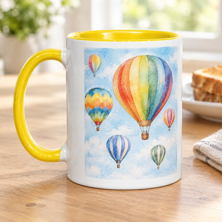 11oz yellow inner &amp; handle sublimation mugs x36 (unboxed) printed with watercolour hot-air balloons