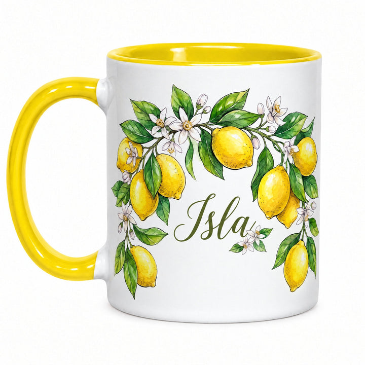 11oz yellow inner &amp; handle sublimation mugs x36 (unboxed) printed with a lemon garland and the name Isla