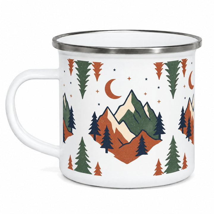 12oz white sublimation enamel mug printed with mountains, pine trees and a crescent moon in green, rust and navy