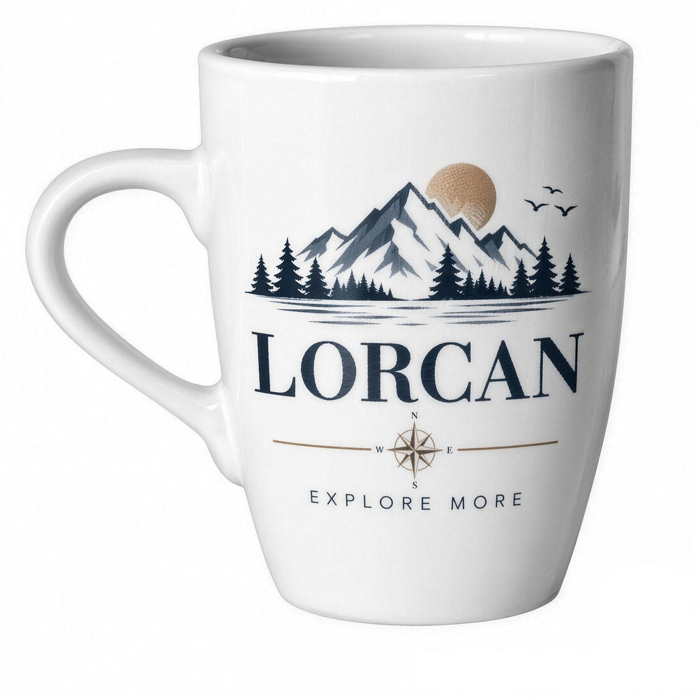 13oz sublimation marrow mug printed with a mountain scene, a compass and the name Lorcan