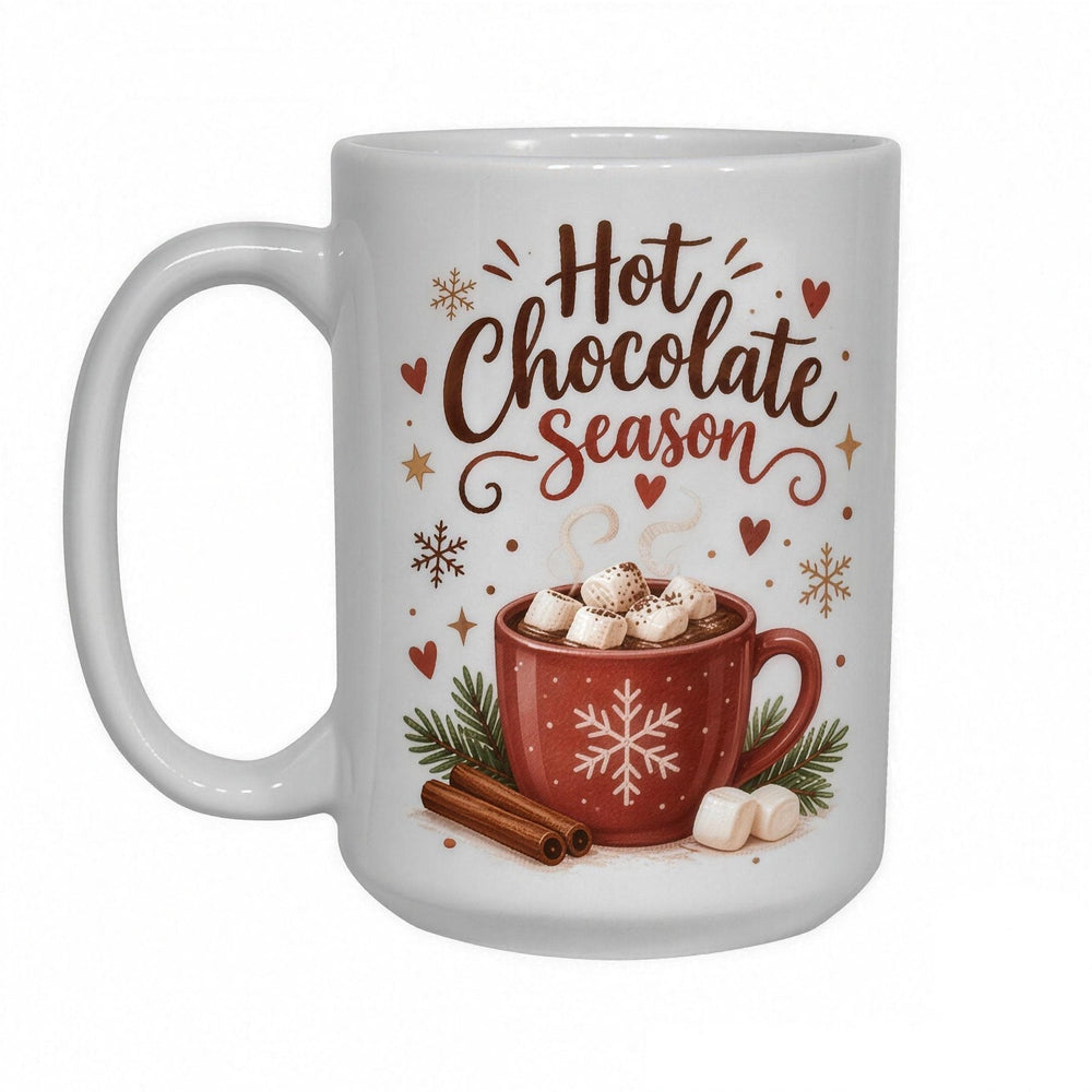 15oz white sublimation mug printed with a 'Hot Chocolate Season' design of a mug and marshmallows