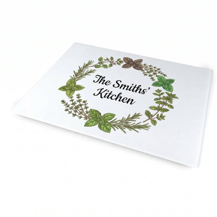 A3 textured sublimation chopping boards printed with a herb wreath around the words &