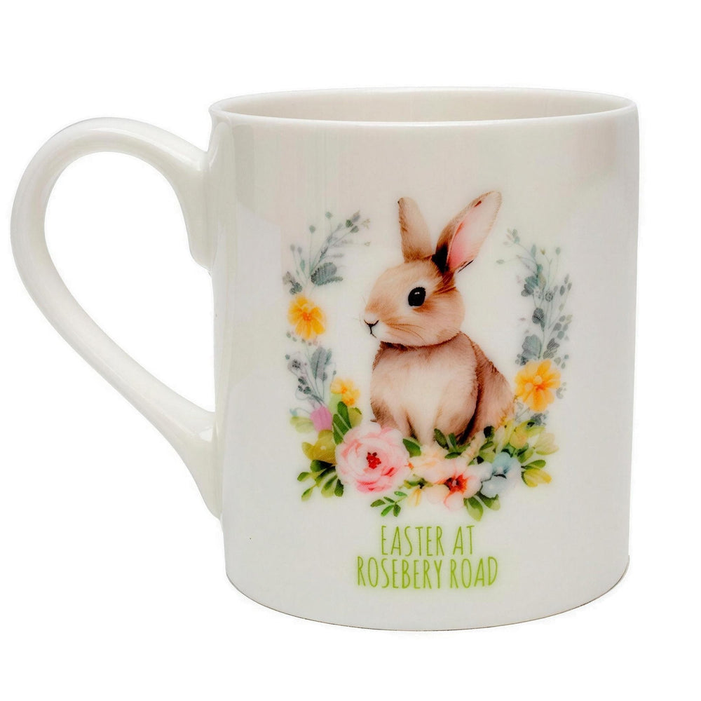 Balmoral bone china sublimation mugs printed with a watercolour rabbit wreath and 'Easter at Rosebery Road'