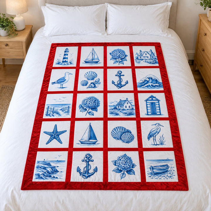 Black 20 panel sublimation blanket printed with blue coastal sketches of lighthouses, boats and shells, on a double bed