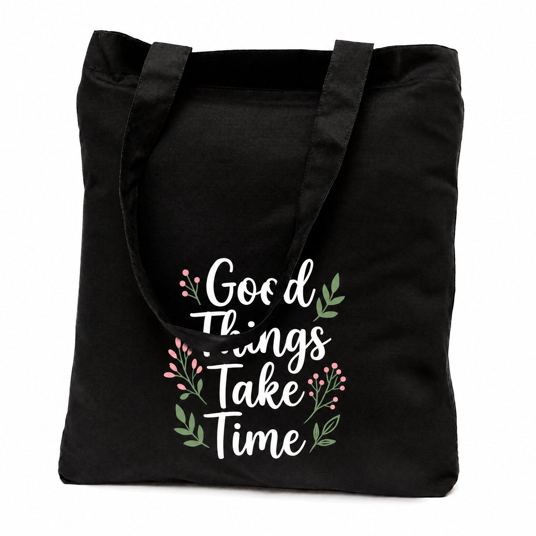 Black cotton tote bags printed with &