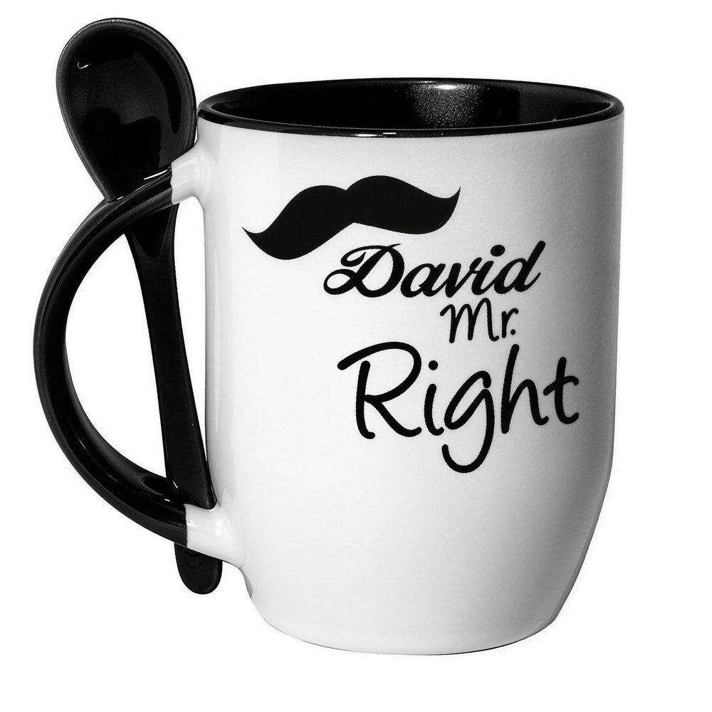 Black two tone sublimation mug with spoon printed with a moustache and 'David, Mr Right', spoon in the handle