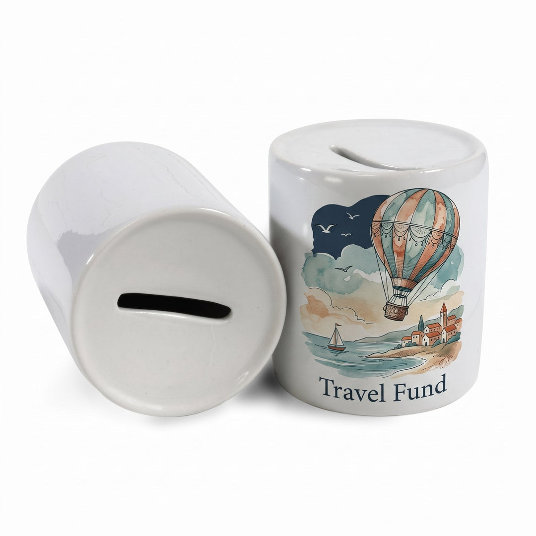 Blank 11oz money box printed with a watercolour hot-air balloon and the words &
