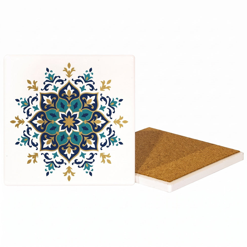 Blank sublimation ceramic coaster, square, printed with a Moroccan-style tile medallion