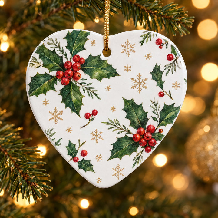 Ceramic heart Christmas tree decoration printed with holly, berries and snowflakes, hanging from a Christmas tree
