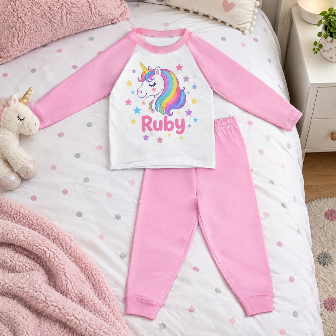Sublimation pjs, pink, printed with a rainbow unicorn, stars and the name Ruby, laid out on a spotty child&