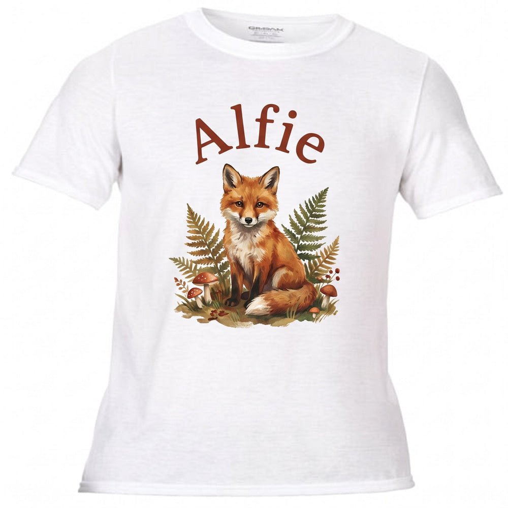 Children's sublimation T-shirts printed with a painterly gouache-and-watercolour fox cub and the name Alfie