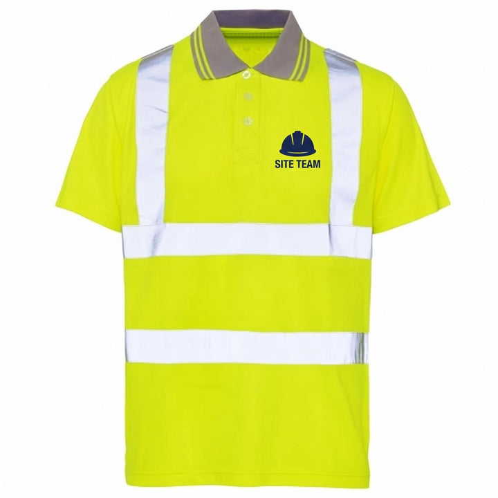 Hi-Vis short sleeved polo T-shirts printed with a navy hard-hat icon design and the words &
