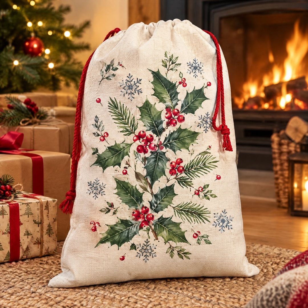 Large linen Santa sack printed with holly, berries and snowflakes, beside a fireplace