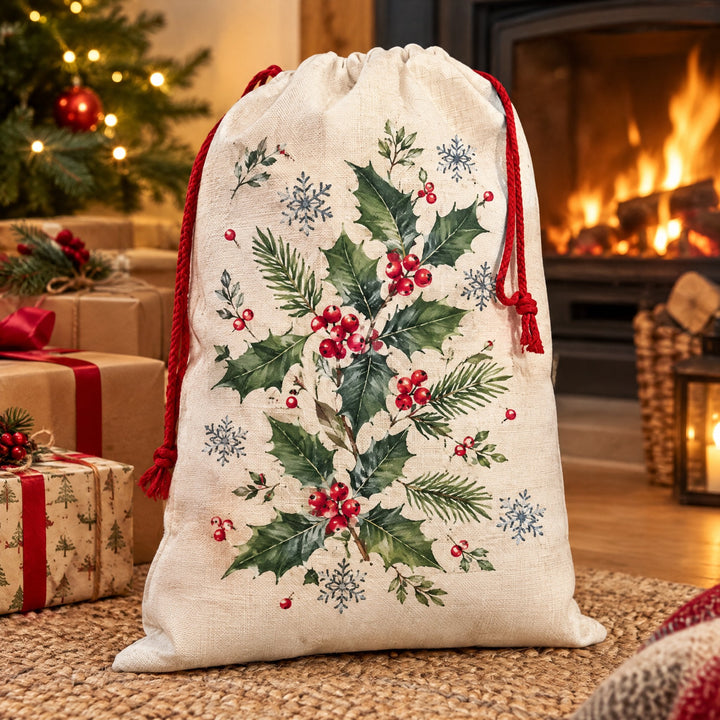 Large linen Santa sack printed with holly, berries and snowflakes, beside a fireplace