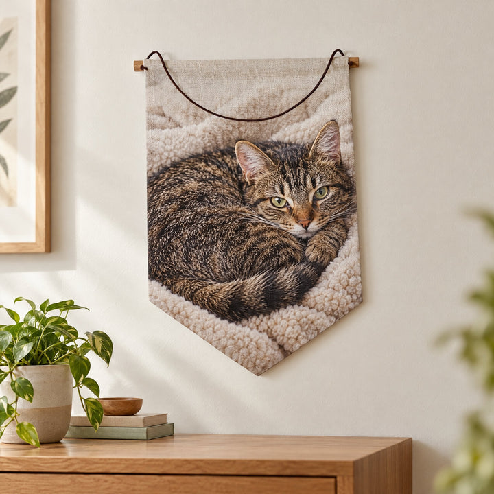 Linen flags printed with a tabby cat design, hanging on a wall
